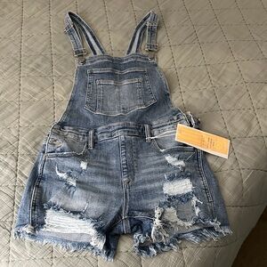 Women’s Risen Denim Overall Shorts